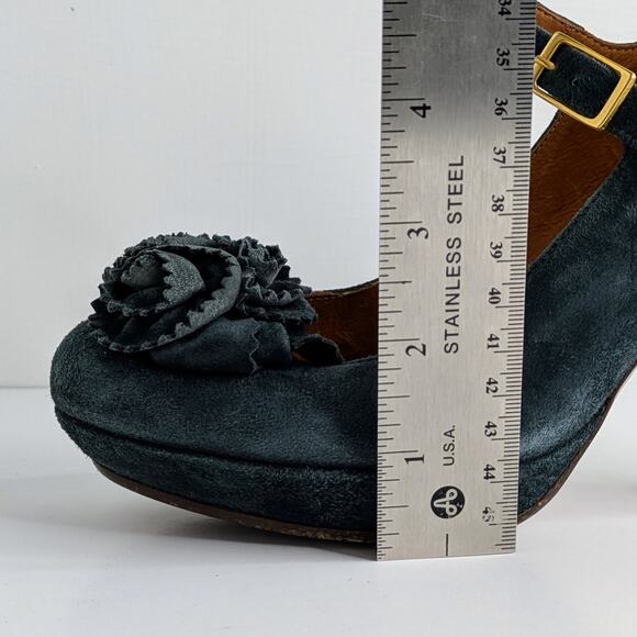 Chie Mihara Mary Jane Platform Heels 37 Blue Suede Floral Retro Glam Pinup - Picture 14 of 16